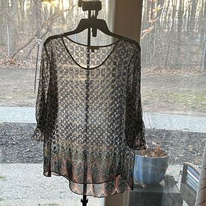 Moa Moa Blue Sheer Geometric Print Blouse